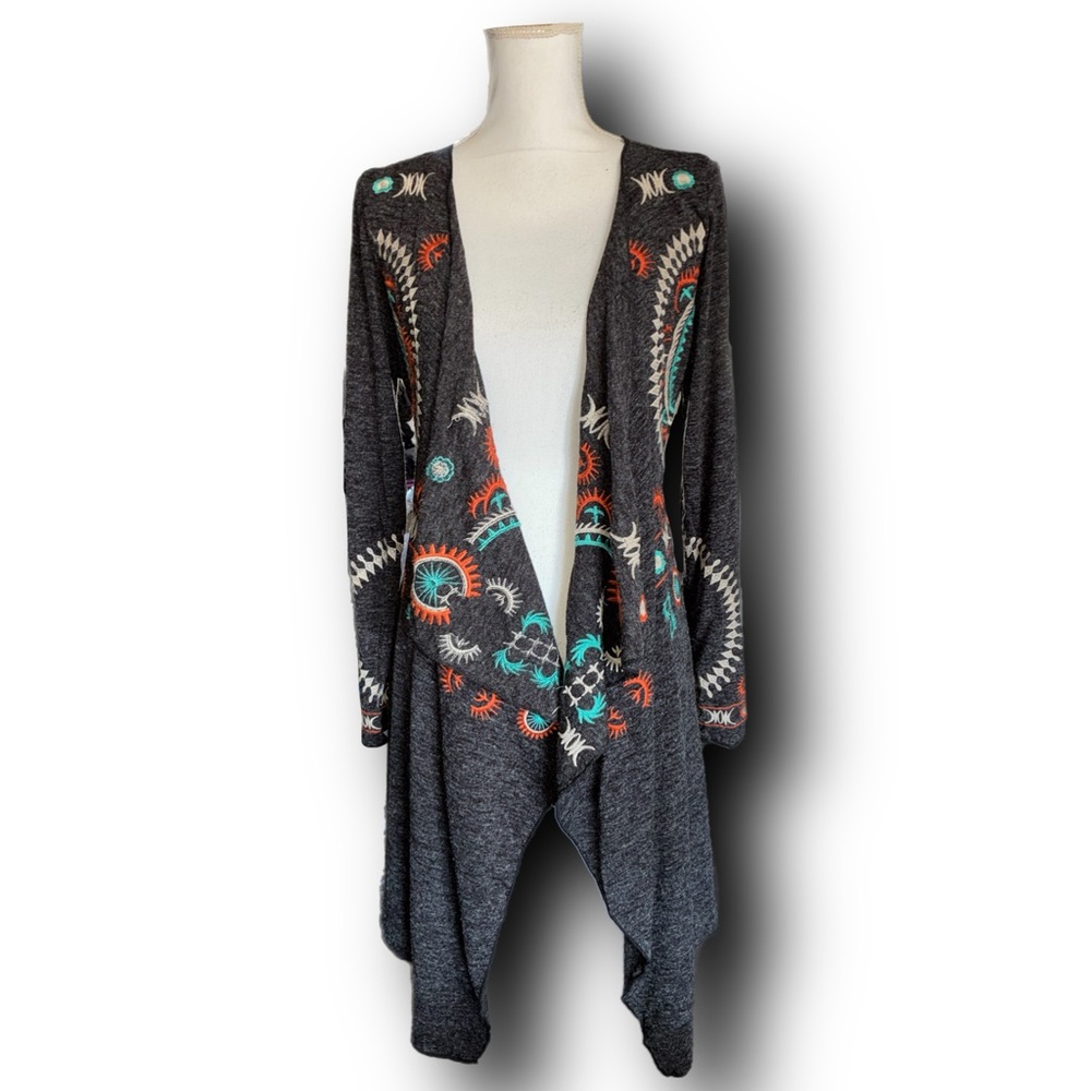 Monoreno Dark Gray Celestial Embroidered Long Line Tie Waist Cardigan Boho